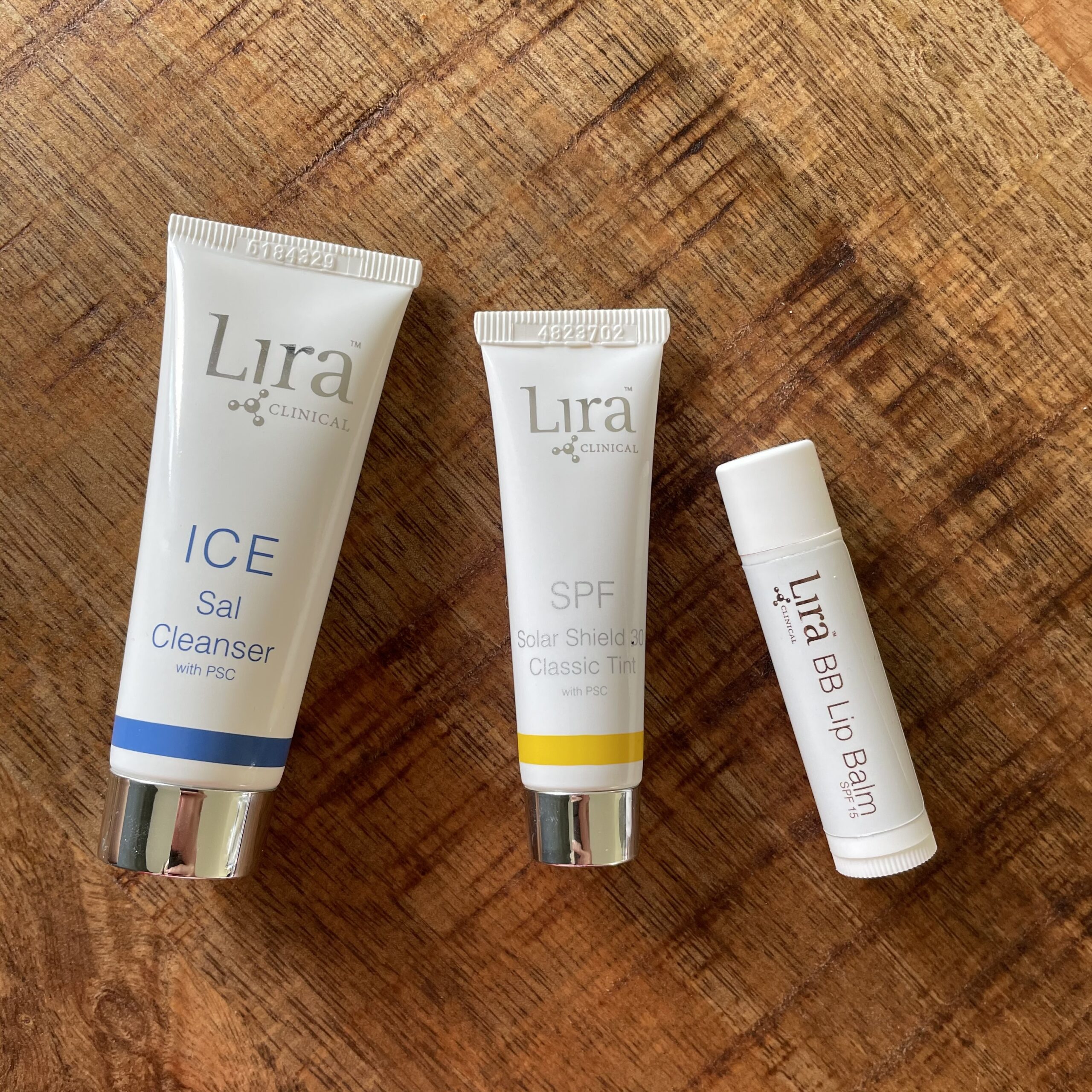 lira ICE sal cleanser, solar shield SPF 30 classic tint, BB lip balm SPF 15
