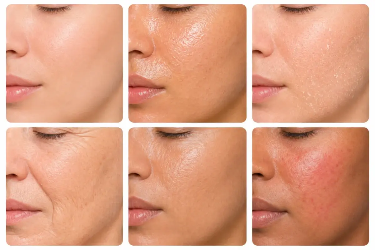 Zes verschillende huidtypes in een grid van close-ups: glad, vettig, droog, verouderd, normaal en rosacea